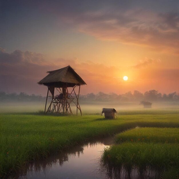 a small hut is in the middle of a field with a hut on it