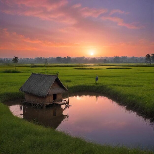 a small hut is in the middle of a rice field