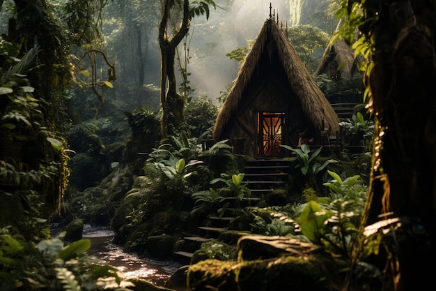 Photo a small hut in the middle of a jungle high quality