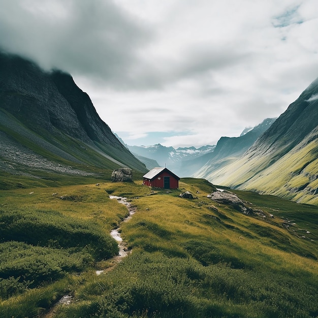 Photo a small hut on top of mountains with green grass in the background