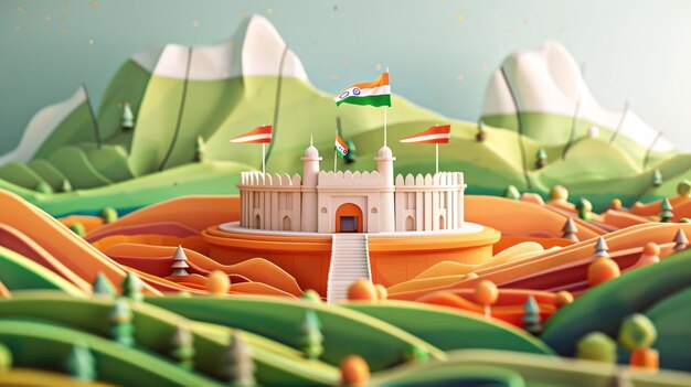 Photo small indian fortress stands in a vibrant paper setting with the indian flag fluttering