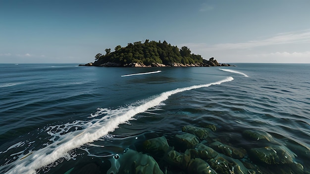 a small island is surrounded by a forest and a small island