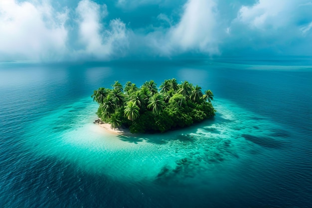 Small island with beach and lagoon in the middle of the ocean