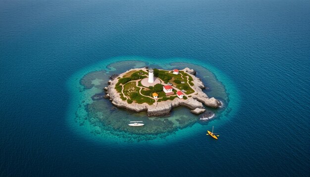 a small island with a boat and a small boat in the water