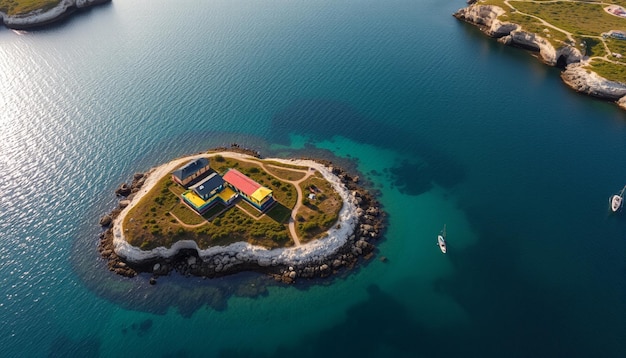 a small island with a boat in the water and a boat in the water