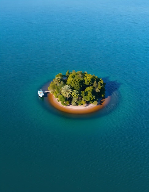 a small island with a boat in the water and a palm tree on the island