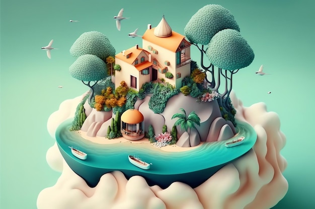 A small island with a house on it and a boat on it.