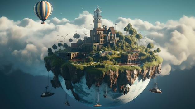 A small island with a lighthouse and a hot air balloon in the sky