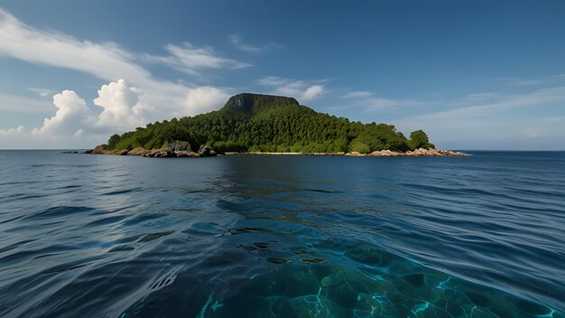 a small island with a mountain in the background and a boat in the water