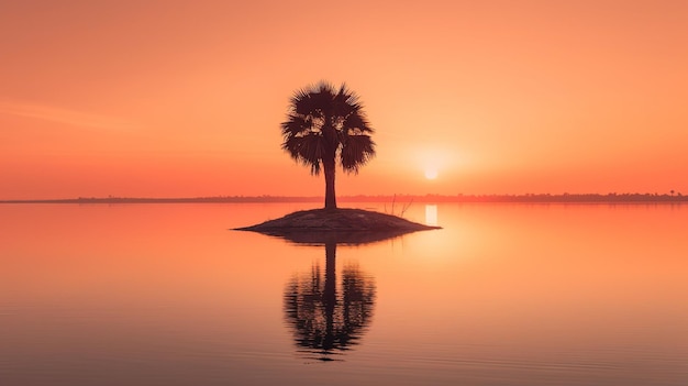 A small island with a palm tree in the middle of it