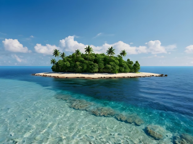 a small island with palm trees on the top and a small island in the water