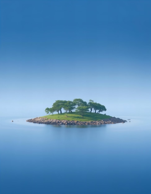 a small island with trees on it and a blue sky in the background