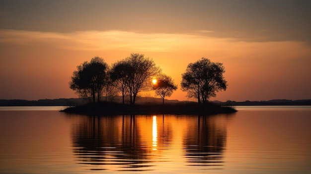 A small island with trees on it with the sun setting behind it