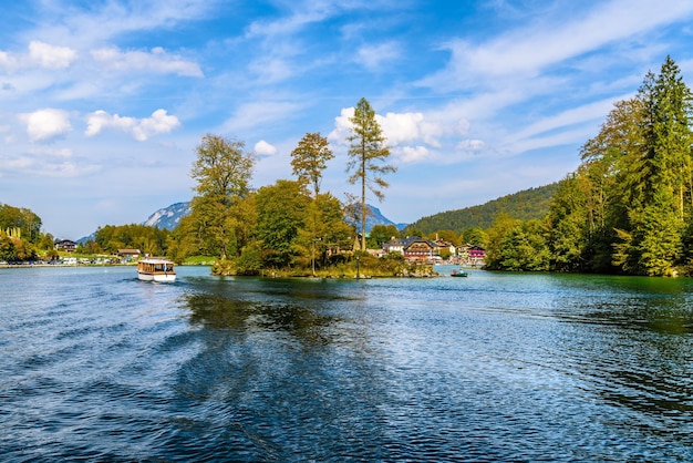 Small island with trees in the lake Koenigssee Konigsee Berchtesgaden National Park Bavaria Germany