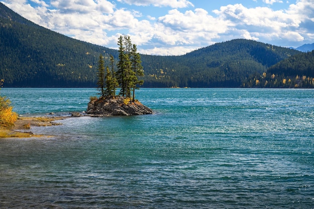 Small island with trees on lake minnewanka in banff national park canada