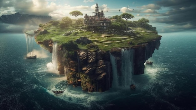 A small island with a waterfall and a house on it