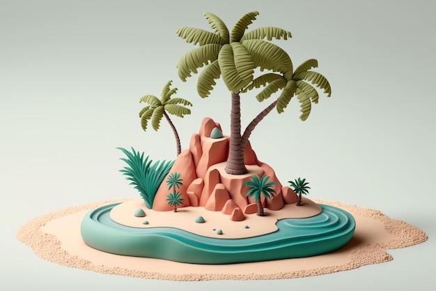 A small isolated island with palm trees on it 3D plasticine clay dough style Travel tropical concept