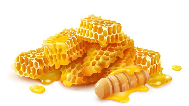 Small isolated isometric honey cobs pile on white background