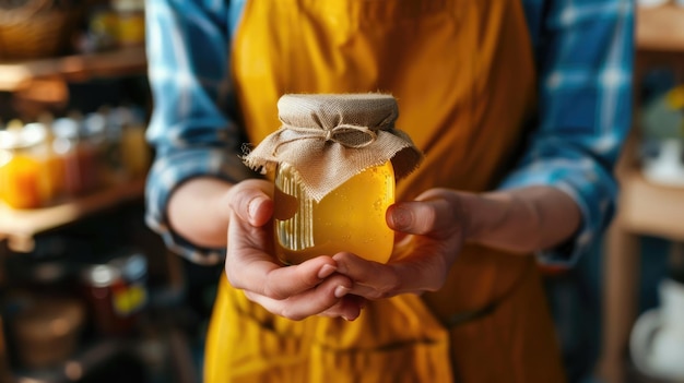 Photo small jar of honey for natural product retail with womans hands