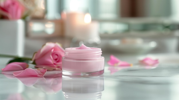 A small jar of pink cream sits on a table next to a vase of pink roses