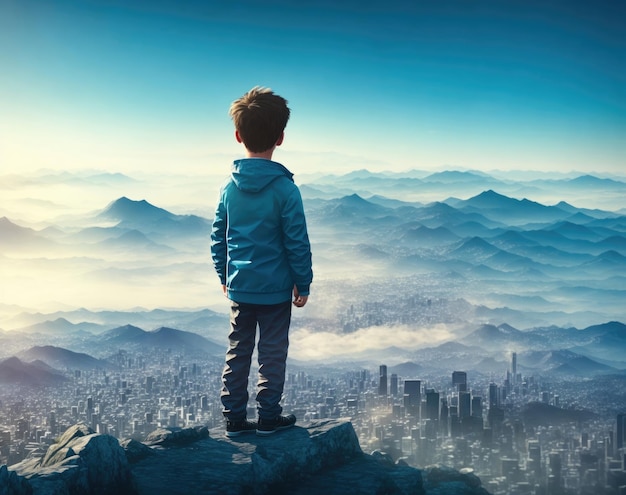 a small kid enjoying beautiful view of city by standing on top of the mountain