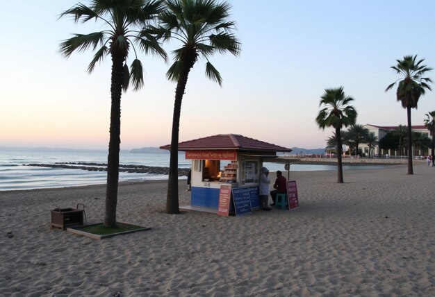 a small kiosk on a beach with palm trees in the background