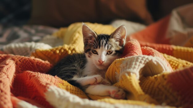 Photo a small kitten comfortably snuggled in a colorful blanket looking intently at the camera with its big eyes