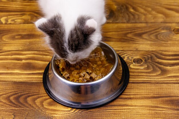 Small kitten eating his food from metal bowl on wooden floor