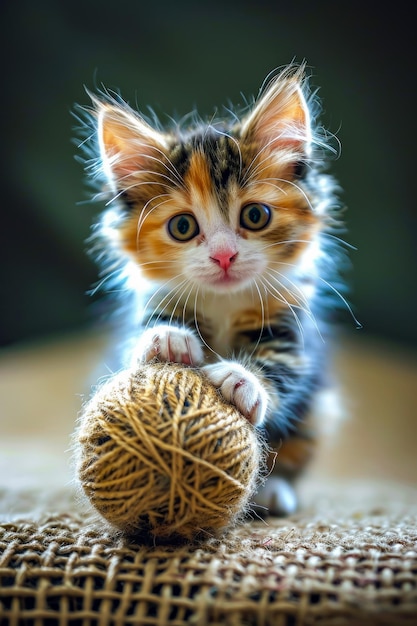 Small kitten is holding yarn in its paws and looking at it