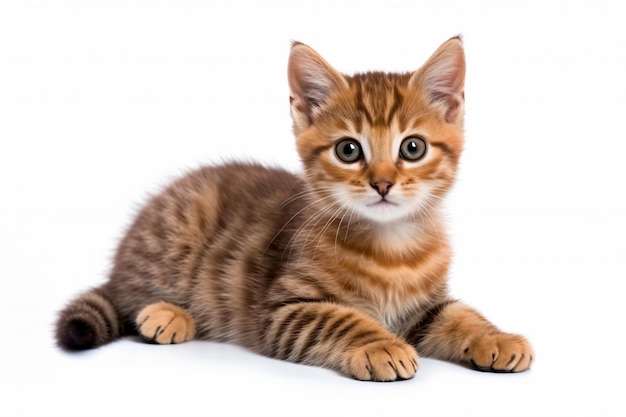 a small kitten laying down on a white surface