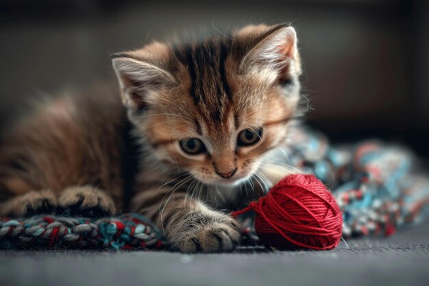 A small kitten lounges on a warm blanket next to a bright ball of yarn embodying innocence and curiosity A curious kitten playing with a ball of yarn AI generated