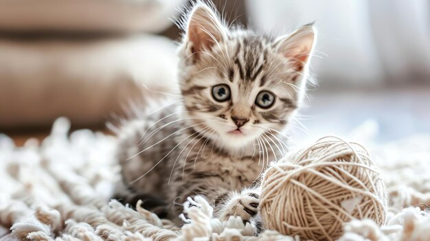 Photo a small kitten plays with a ball of yarn