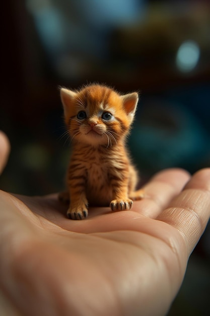 A small kitten sits on a hand