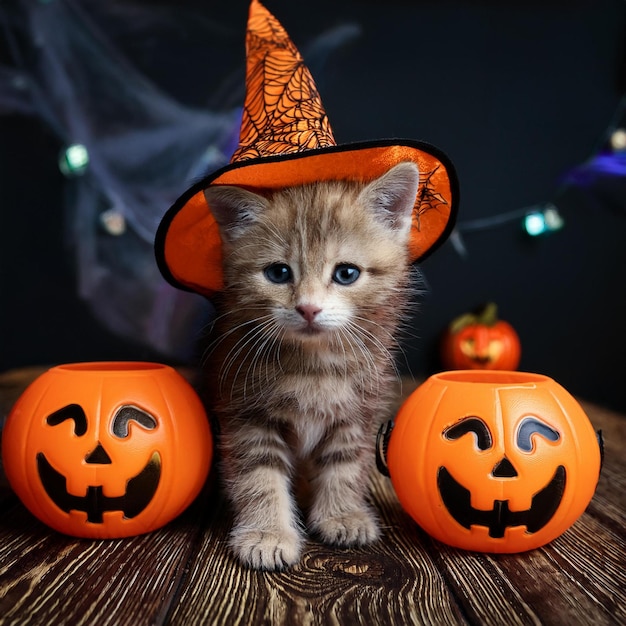 Photo a small kitten sits on a table with pumpkins on it