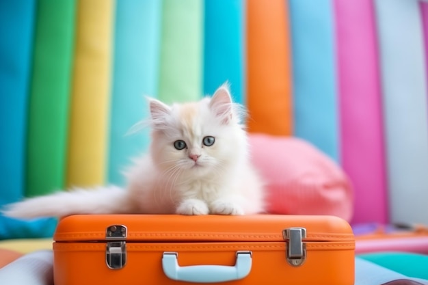 A small kitten sits on top of a orange suitcase.