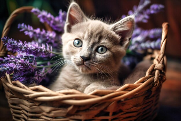 Photo a small kitten sitting in a basket with purple flowers