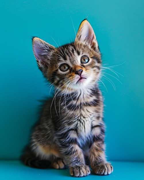 A small kitten sitting on a blue background