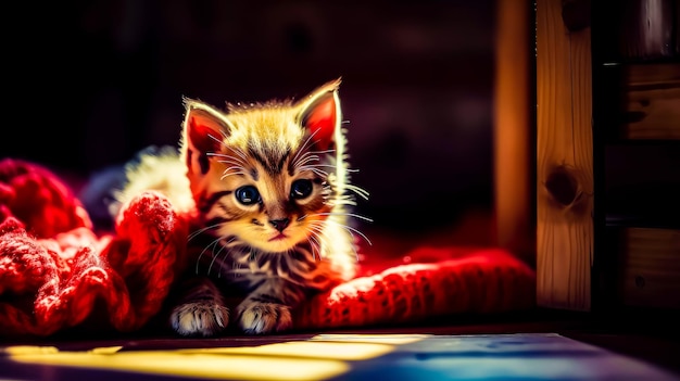 Small kitten sitting on top of red blanket next to stuffed animal Generative AI