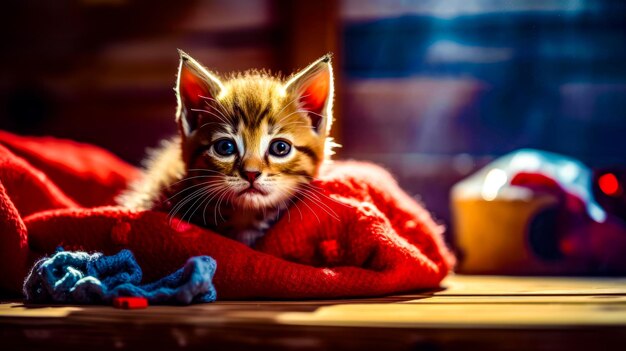 Small kitten sitting on top of red blanket on top of table Generative AI