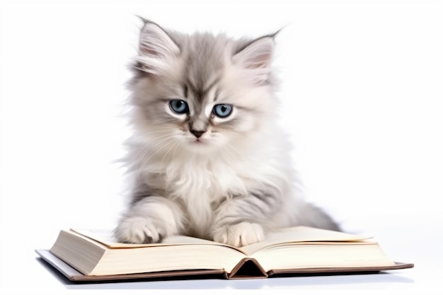 a small kitten wearing glasses sitting on top of an open book