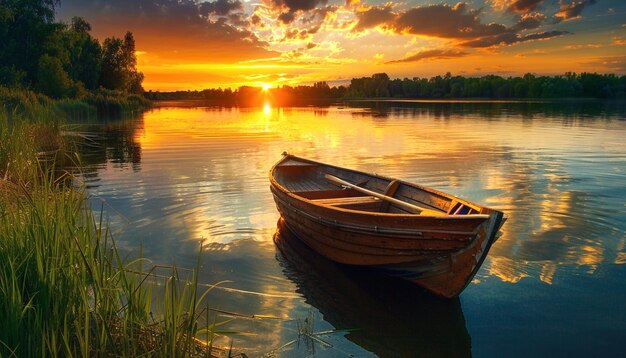 A small lake with a wooden rowboat sunset view