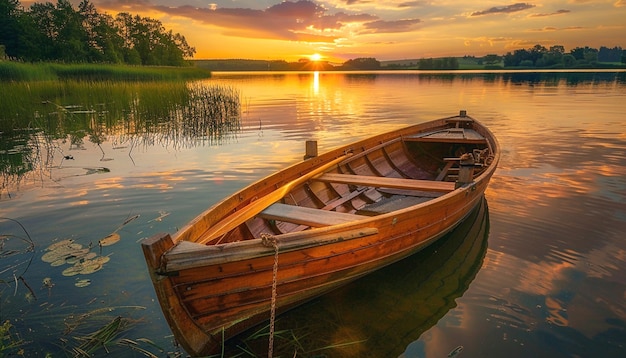 A small lake with a wooden rowboat sunset view