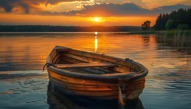 A small lake with a wooden rowboat sunset view