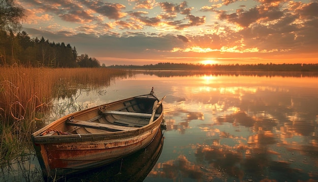 A small lake with a wooden rowboat sunset view