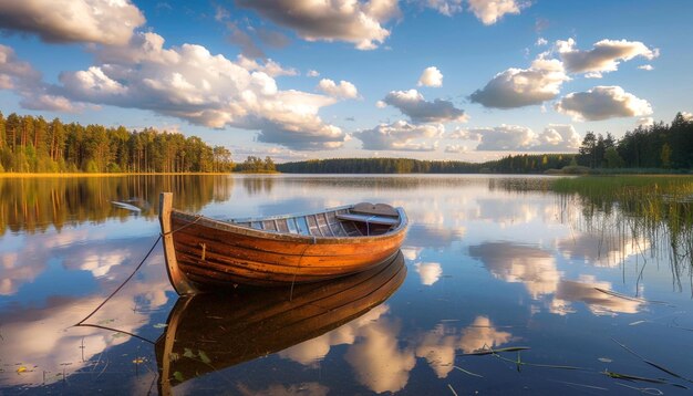 A small lake with a wooden rowboat