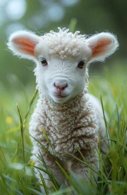 Small lamb is sitting in the grass Cute little lamb