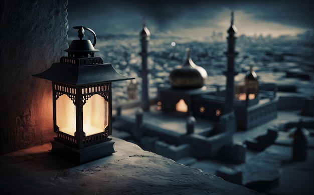 a small lantern sits on a ledge with a city in the background