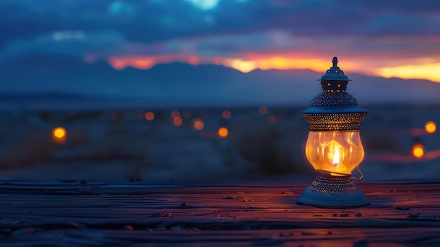 Photo a small lantern that is sitting on a wooden table