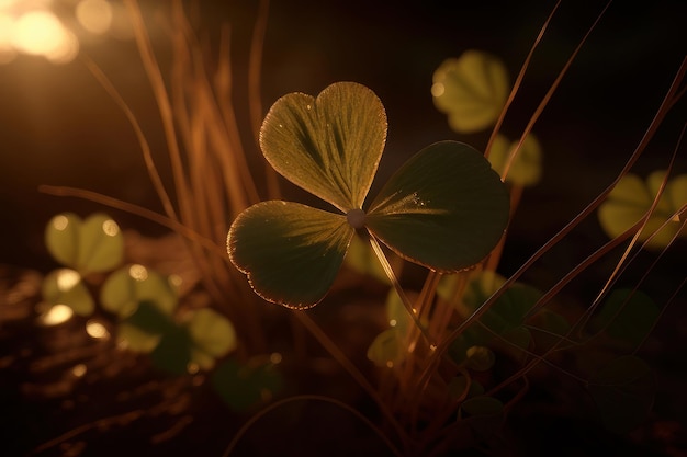 A small leaf clover sits in the dark under a street light.