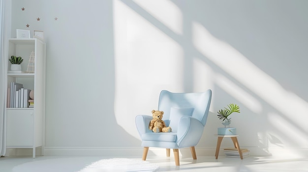 Small light blue armchair for kid standing in white room interior with stars on the Generative AI